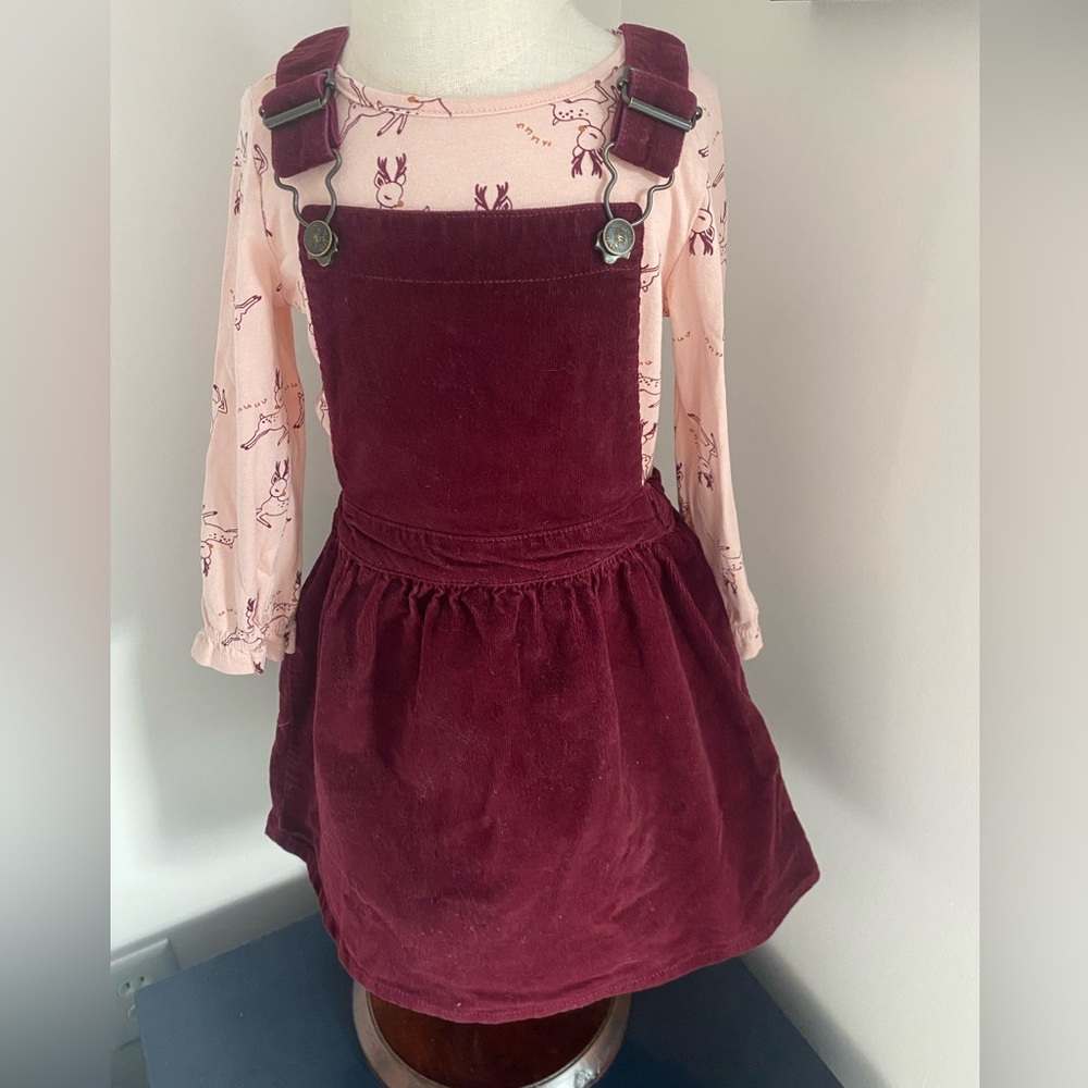 Reindeer Print top with Burgundy Corduroy Overall-style jumper